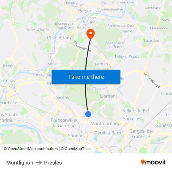 Montlignon to Presles map