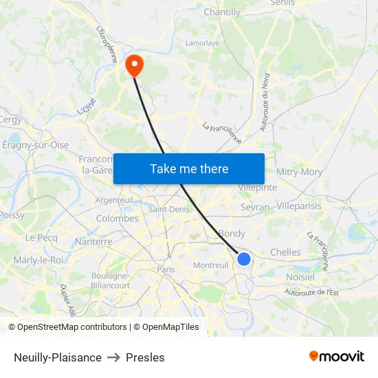 Neuilly-Plaisance to Presles map