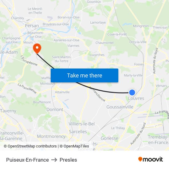 Puiseux-En-France to Presles map