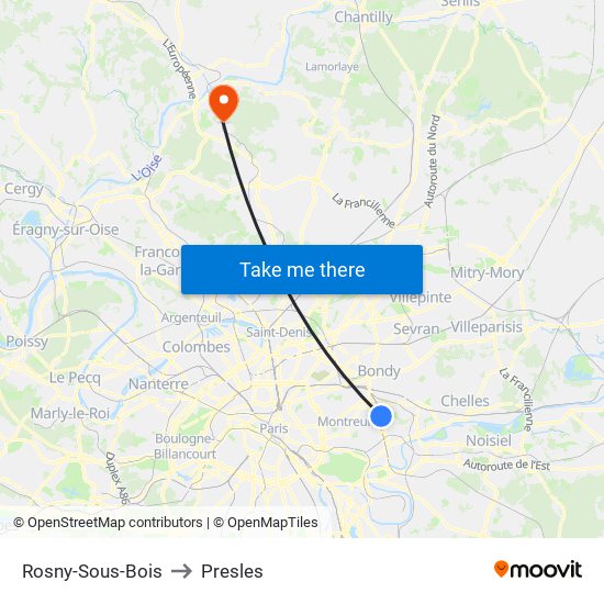 Rosny-Sous-Bois to Presles map