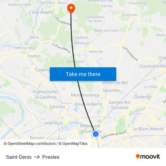 Saint-Denis to Presles map