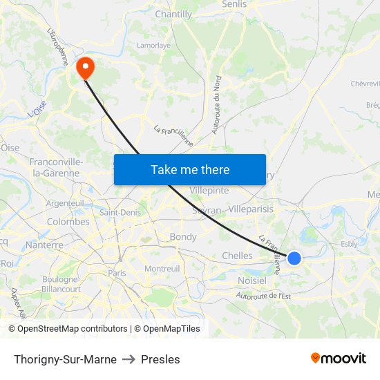 Thorigny-Sur-Marne to Presles map