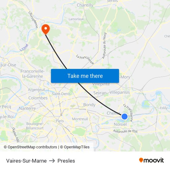 Vaires-Sur-Marne to Presles map