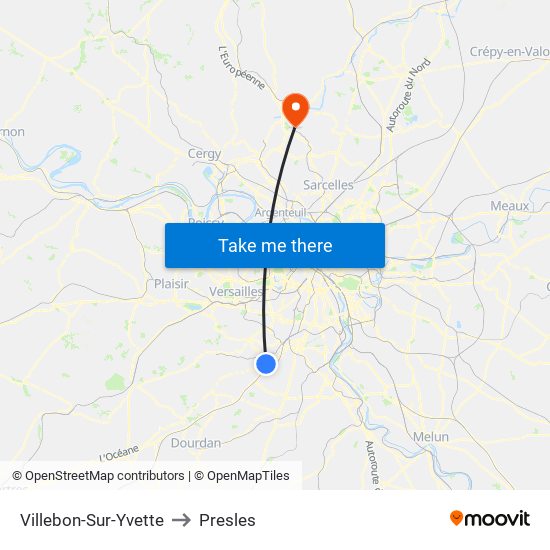 Villebon-Sur-Yvette to Presles map