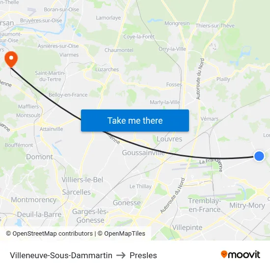 Villeneuve-Sous-Dammartin to Presles map