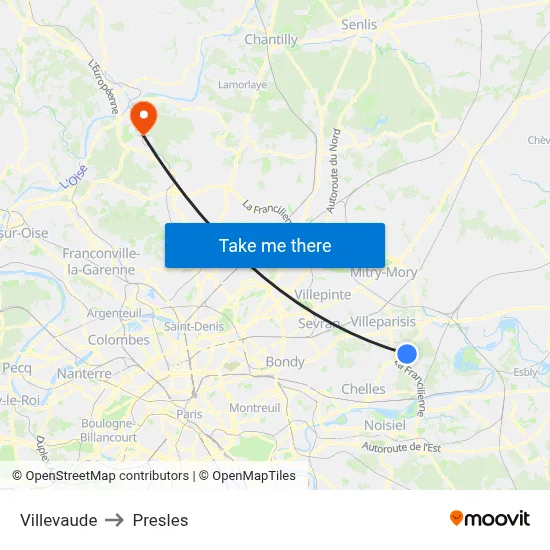 Villevaude to Presles map
