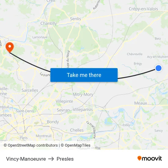 Vincy-Manoeuvre to Presles map