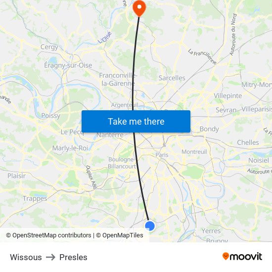 Wissous to Presles map