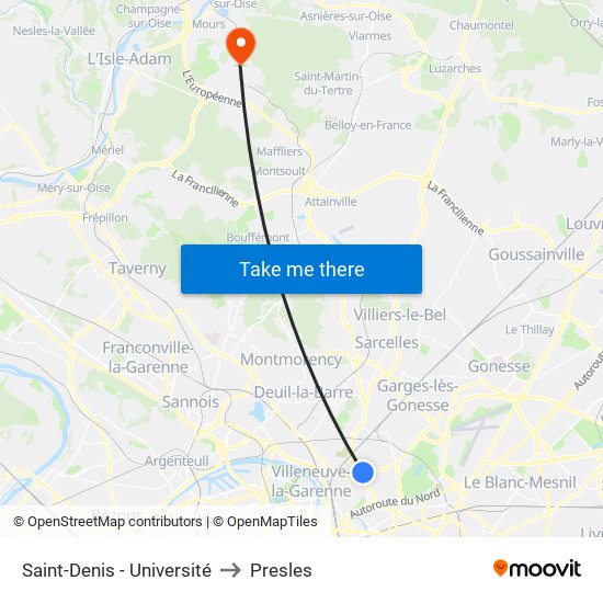 Saint-Denis - Université to Presles map
