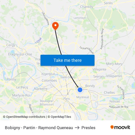 Bobigny - Pantin - Raymond Queneau to Presles map
