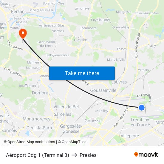 Aéroport Cdg 1 (Terminal 3) to Presles map