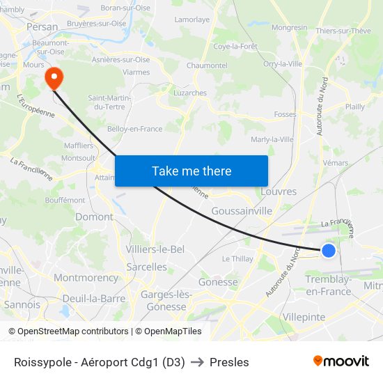 Roissypole - Aéroport Cdg1 (D3) to Presles map