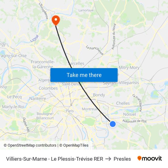 Villiers-Sur-Marne - Le Plessis-Trévise RER to Presles map