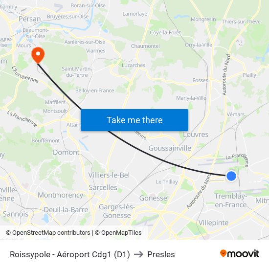 Roissypole - Aéroport Cdg1 (D1) to Presles map