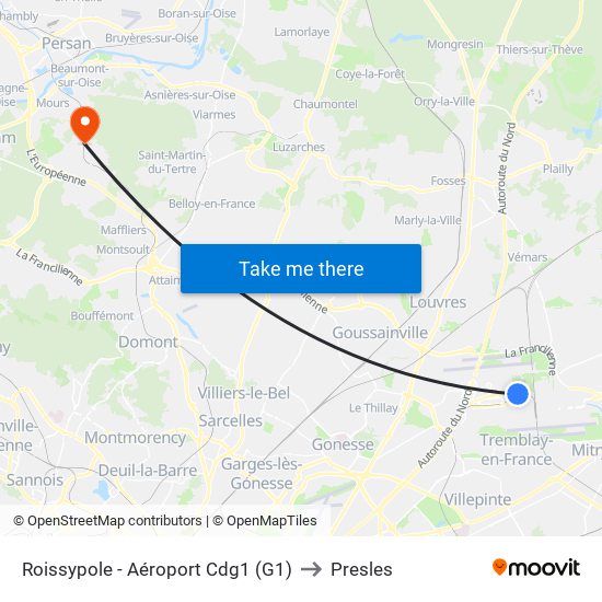 Roissypole - Aéroport Cdg1 (G1) to Presles map