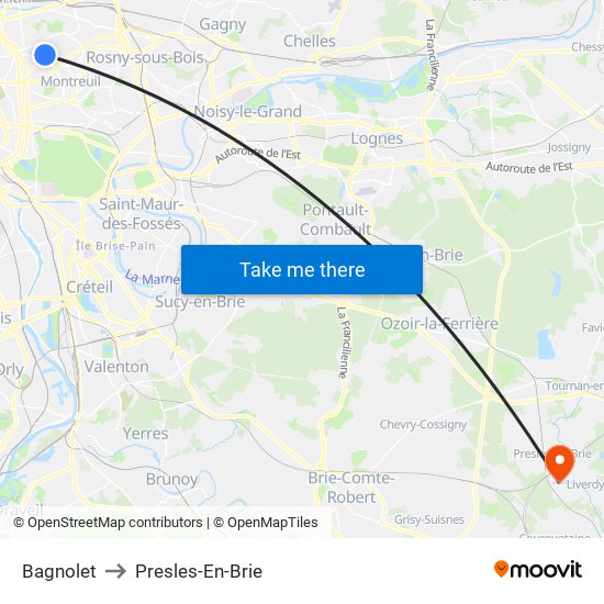 Bagnolet to Presles-En-Brie map