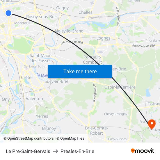 Le Pre-Saint-Gervais to Presles-En-Brie map
