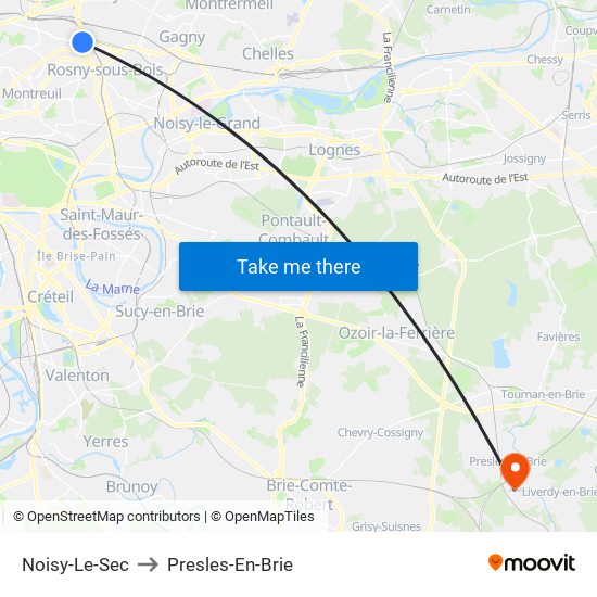 Noisy-Le-Sec to Presles-En-Brie map