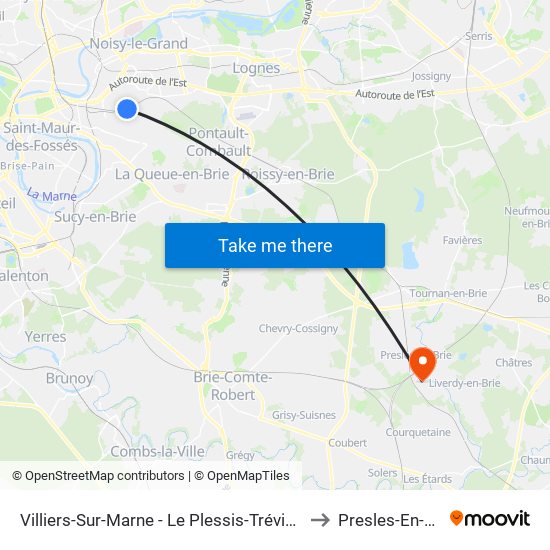 Villiers-Sur-Marne - Le Plessis-Trévise RER to Presles-En-Brie map