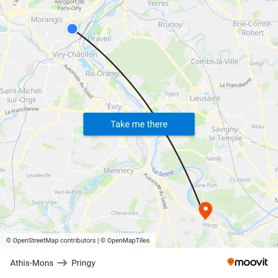 Athis-Mons to Pringy map