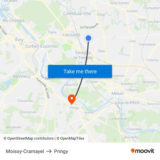 Moissy-Cramayel to Pringy map
