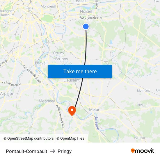 Pontault-Combault to Pringy map