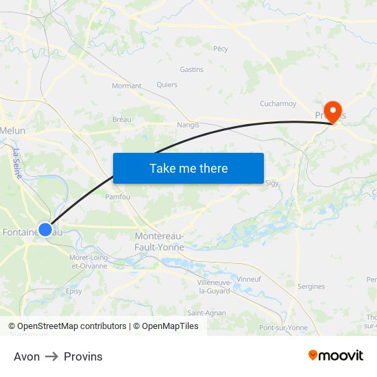 Avon to Provins map