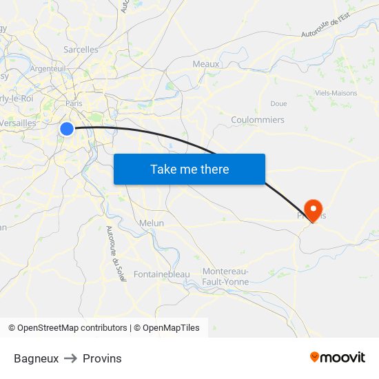 Bagneux to Provins map