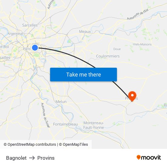 Bagnolet to Provins map