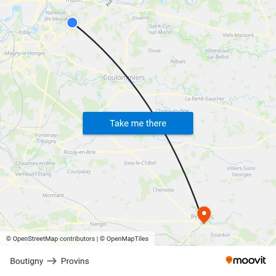 Boutigny to Provins map