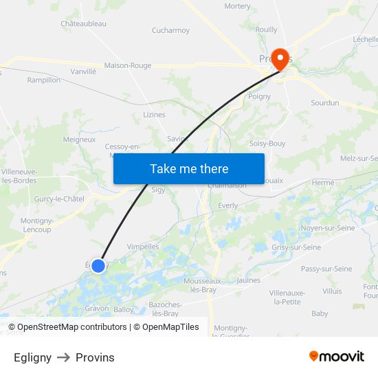 Egligny to Provins map