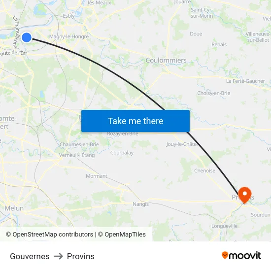 Gouvernes to Provins map