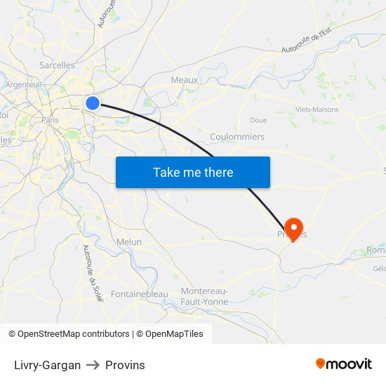 Livry-Gargan to Provins map