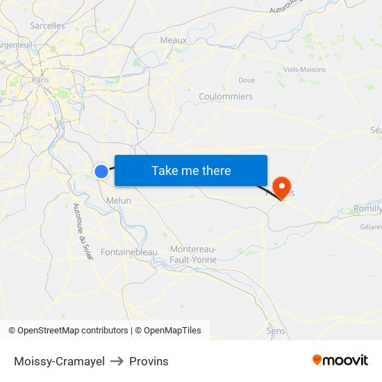 Moissy-Cramayel to Provins map