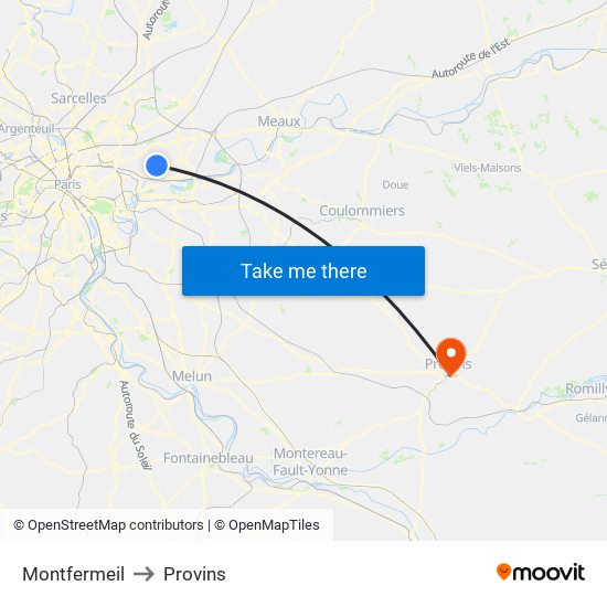 Montfermeil to Provins map