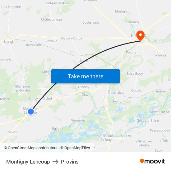 Montigny-Lencoup to Provins map