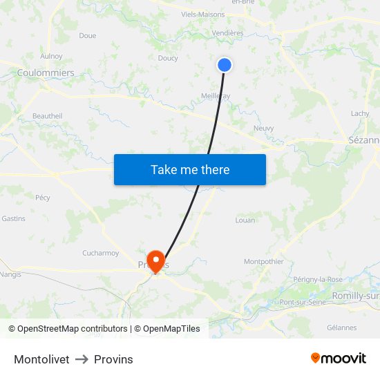 Montolivet to Provins map