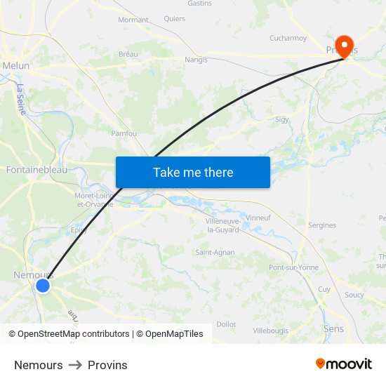 Nemours to Provins map