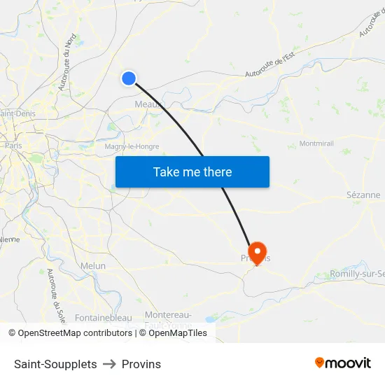Saint-Soupplets to Provins map