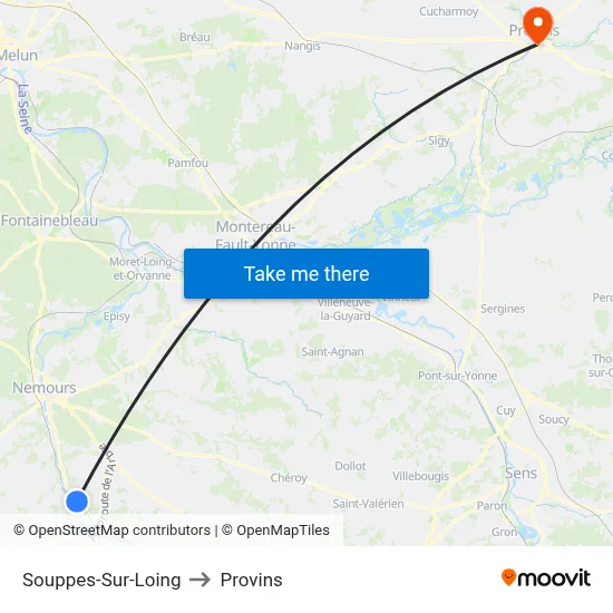 Souppes-Sur-Loing to Provins map