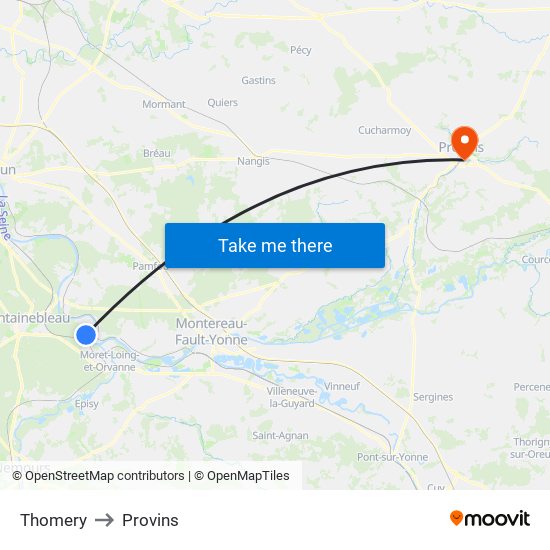 Thomery to Provins map