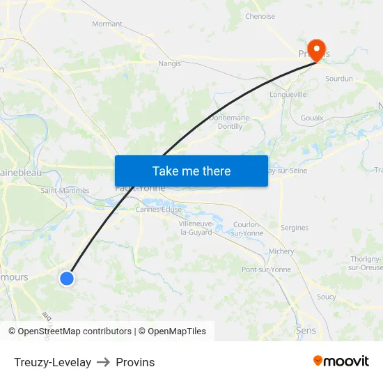 Treuzy-Levelay to Provins map