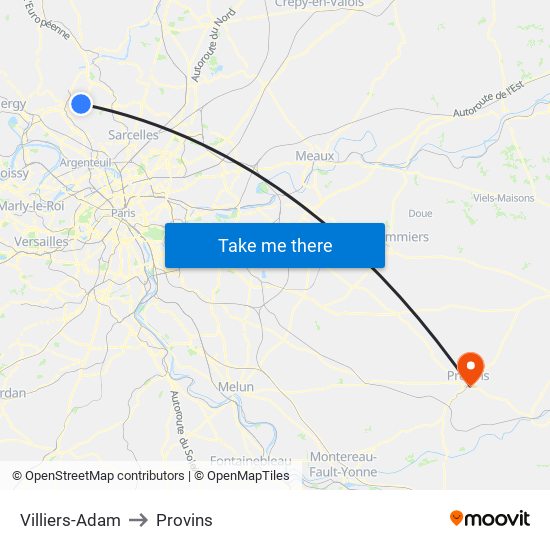 Villiers-Adam to Provins map