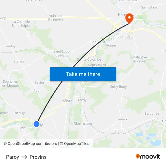 Paroy to Provins map