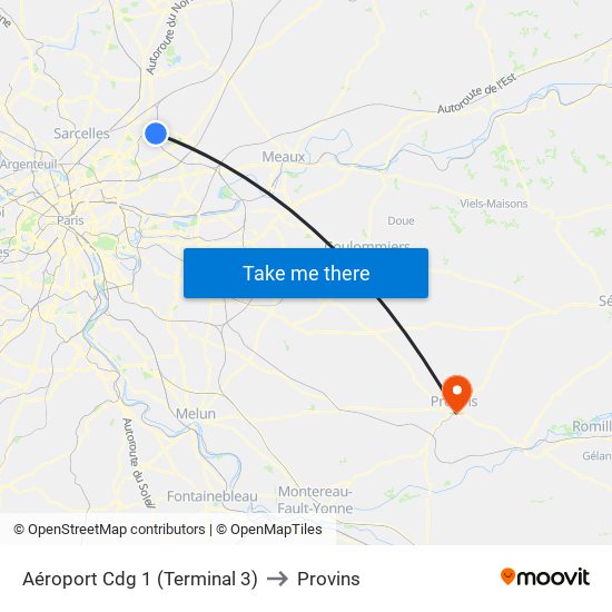 Aéroport Cdg 1 (Terminal 3) to Provins map