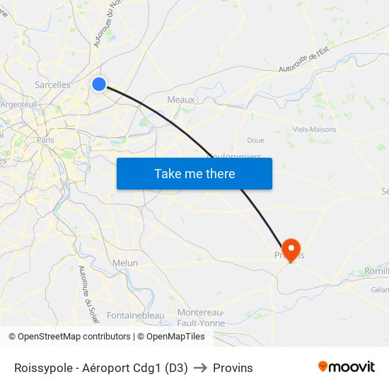 Roissypole - Aéroport Cdg1 (D3) to Provins map