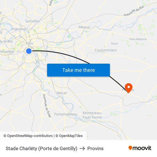 Stade Charléty (Porte de Gentilly) to Provins map