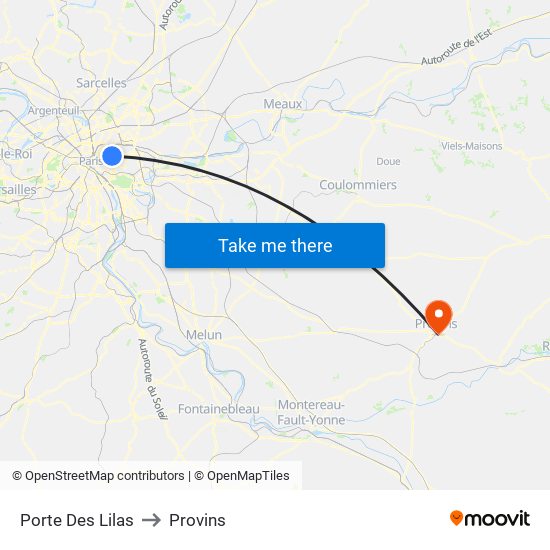 Porte Des Lilas to Provins map