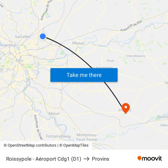 Roissypole - Aéroport Cdg1 (D1) to Provins map