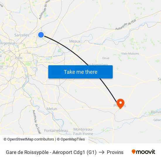 Roissypole - Aéroport Cdg1 (G1) to Provins map